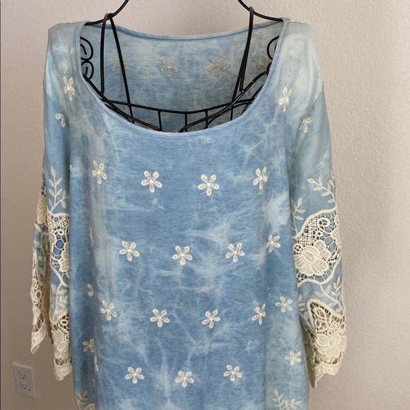 Boho Embroidered Lace-Trim Dress in Light Blue Tie-Dye - Picture 2 of 8